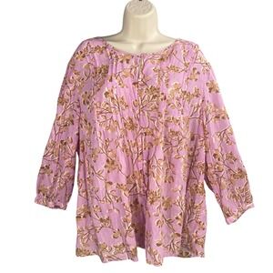 J Jill Pintuck Blouse Womens XL Button Up Floral Boho Chic Cottage Relaxed